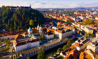 Fototapeta na wymiar View from drone of residential areas of Slovenian city of Ljubljana in sunny day