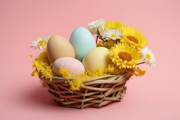 Fototapeta na wymiar basket of eggs and daisies on a pink background. Generative AI