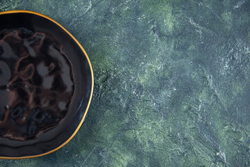 top view black round plate on dark background meal vegetable darkness kitchen meat cuisine food free place