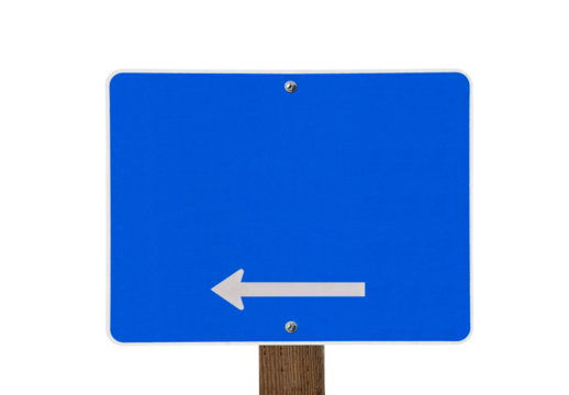 Blank blue arrow road sign isolated with cut out background.