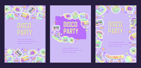 Templates with retro objects for invitation, poster, advertising. 90s vibes. Space for text. Vector illustration set.