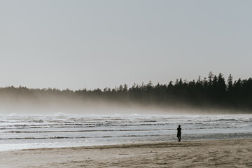 Fototapeta na wymiar Woman enjoying a beautiful sight at the beach in Tofino, British Columbia - Canada