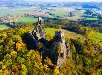 Medieval castle of Trosky on a hill in the forest. Czech Republic