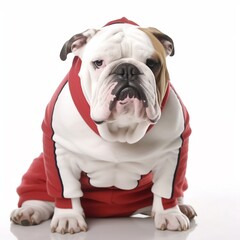 Dog portrait of bulldog who just got back from the gym wearing a sweatshirt. Created using Generative AI.