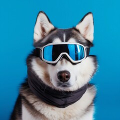 Portrait of husky wearing scarf and ski goggles. Created using Generative AI