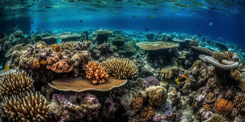 Fototapeta na wymiar Underwater coral reef in very clear sea water. Generative AI