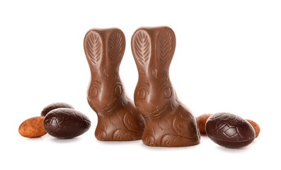 Chocolate Easter eggs and bunnies isolated on white background