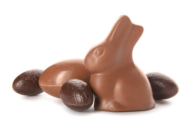 Chocolate Easter eggs and bunny isolated on white background