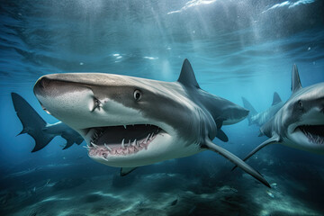 Naklejka premium Galapagos sharks in natural habitas swimming in the ocean