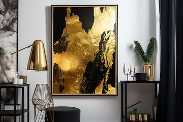 
Pintura de diamante de linha abstrata dourada e preta, imagem de mármore de luxo