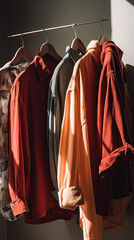clothes on hangers, in the style of vintage aesthetics, dark red and light indigo, dark white and dark orange, soft - edged, red, vintage aesthetics, closet, store, ai generative