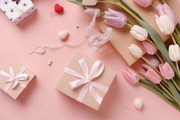 Obraz na płótnie Canvas 파스텔 핑크 바탕에 편지와 작은 하트가 있는 리본 핑크와 흰색 튤립 봉투가 있는 선물 상자 배경. 인공지능 생성