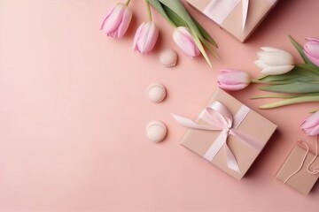 Fototapeta na wymiar 파스텔 핑크 바탕에 편지와 작은 하트가 있는 리본 핑크와 흰색 튤립 봉투가 있는 선물 상자 배경. 인공지능 생성