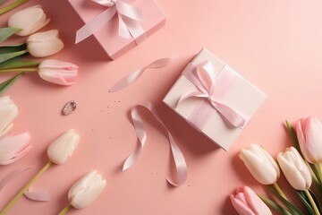 파스텔 핑크 바탕에 편지와 작은 하트가 있는 리본 핑크와 흰색 튤립 봉투가 있는 선물 상자 배경. 인공지능 생성