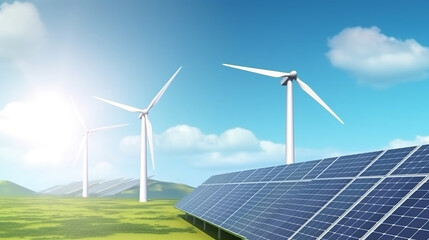 wind turbine and solar panels on field. Nature, sustainable, energy. Created using generative AI.