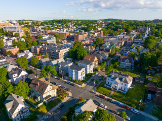 Brighton historic residential houses aerial view in city of Boston, Massachusetts MA, USA. 