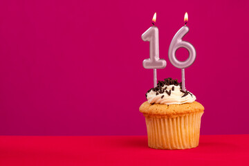 Birthday cake with candle number 16 - Rhodamine Red foamy background