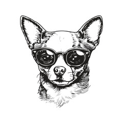 summer chihuahua, vintage logo concept black and white color, hand drawn illustration