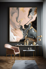 interior de sala designer pôster Arte branco ouro preto Moderno