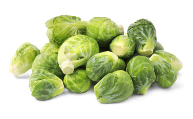 Heap of fresh green brussels sprouts on white background
