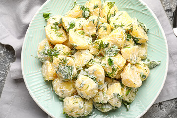 Plate of tasty Potato Salad with greens on grunge background