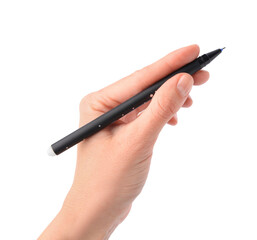 Naklejka premium Woman holding erasable pen on white background, closeup