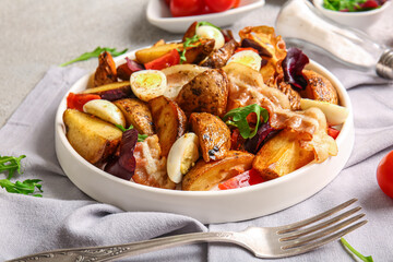 Plate of tasty potato salad with eggs, tomatoes and bacon on light background