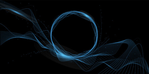 Big data, AI, network connection structure, data and energy transmission on the black abstract background of cyberspace. Cyclic wave background of particle technology. Vector image