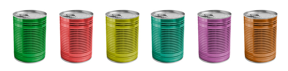 Set of metal cans on white background