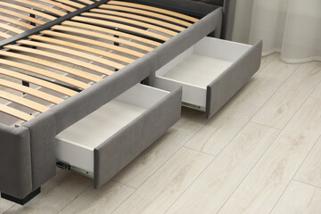 Storage drawers for bedding under modern bed in room