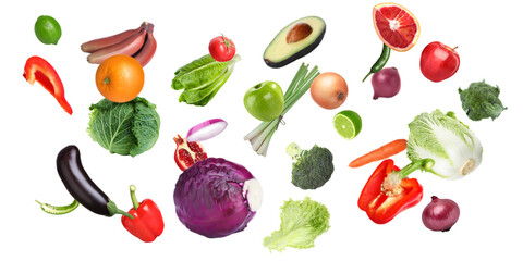 Many fresh vegetables and fruits falling on white background