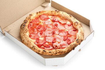 Cardboard box with delicious pepperoni pizza on white background