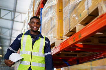 Happy cheerful African - American black ethnicity male warehouse staff smiling to camera portrait. 