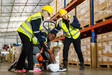 Male warehouse worker have an accident during working in the storage warehouse and his friends come to help or assist him and taking him to the safety area.