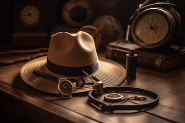 Conceito de viagem ao redor do mundo, bússola, renderização 3D de chapéu estilo Indiana Jones - obrazy, fototapety, plakaty