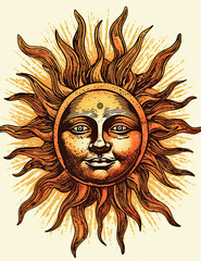 Sun Face, Tarot Style, Mystical, Logo Design, T Shirt Design. Generative AI