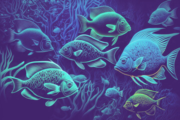Fish background in blue neon colors. Shoal of fish. Generative AI
