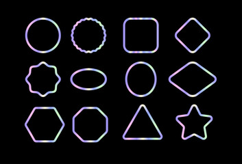 Holographic frame badges isolated on black background. Vector illustration. Multicolored glowing stickers in various shapes
