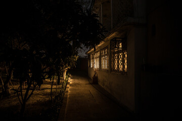 Old house with a Ghost in the forest at night or Abandoned Haunted Horror House in fog. Old mystic building in dead tree forest. Trees at night with moon. Surreal lights.