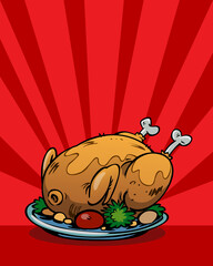 cartoon thanksgiving fried roast turkey, chicken