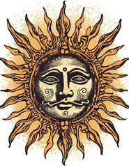 Sun Face, Tarot Style, Mystical, Logo Design, T Shirt Design. Generative AI