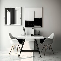 A beautiful modern office in white color, with modern chairs, minimalist pictures on the wall, elegant glass table, Generative AI.