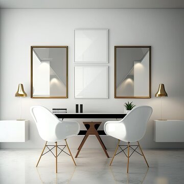 A beautiful modern office in white color, with modern chairs, minimalist pictures on the wall, elegant glass table, Generative AI.