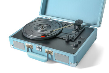 Record player with vinyl disk on white background, closeup