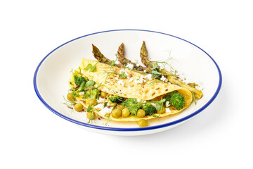 Tasty omelet with broccoli, pea and asparagus on white background