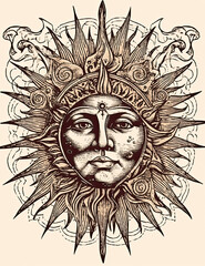 Sun Face, Tarot Style, Mystical, Logo Design, T Shirt Design. Generative AI