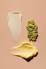 Samples and textures of various cosmetics for skin and hair care. Swatches. Skin care.