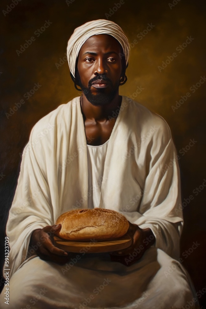 Wall mural Black Jesus Christ Prepares to Break Bread Portrait Illustration [Generative AI]