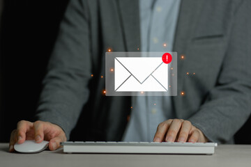 email marketing concept, person reading e-mail on computer, receive new message.