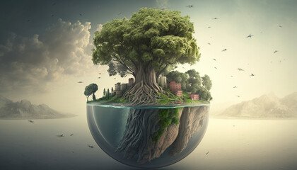 concept of environmental protection - a large tree in a base representing the world - generative ai 